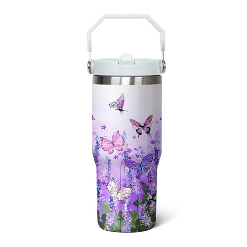 qwpmvhsak 30 Oz Flip Tumbler with Handle Lid and Straw,Purple Butterfly Reusable Tumbler Water Bottle Travel Coffee Cup Mug,Butterfly Gifts for Women Mom Daughter Girlfriend Teenage Girls Bridesmaid