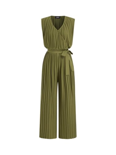 CIDER Womens Sleeveless Jumpsuit Pleated V Neck Ruched Tie Waist Wide Leg Jumpsuit Summer Casual One Piece Outfits