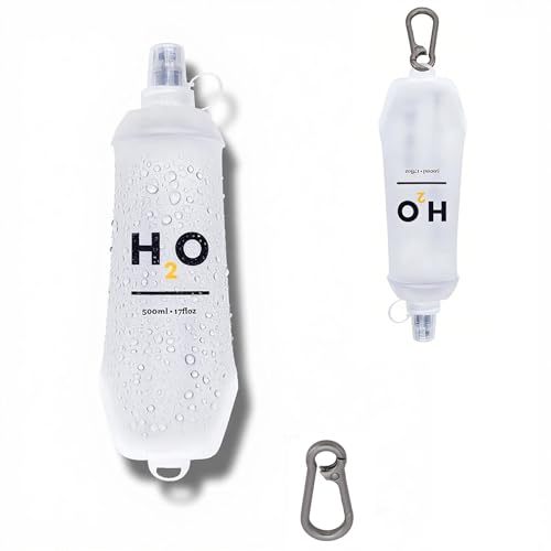 HECHZSO 500ml Collapsible Soft Flask Water Bottle for Running with Hang Dry Metal Hook & Dust Cap, BPA Free TPU Leakproof Bite Valve Hydration Bottle, Ultra Lightweight Foldable(1pack 500ml17oz)