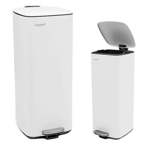 Crystals 30L Square Slim Pedal Bin with Soft Close Lid – Compact Waste Bins for Bathroom, Kitchen, Toilet or Office – Hands-Free Rubbish Bin with Removable Inner Bucket, Modern Design (White)