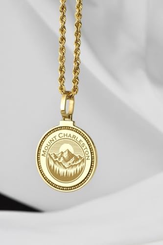 Charleston Mount, Nevada Mountain Engraved Pendant Necklace - 14K Gold Plated 925 Sterling Silver Round Medallion With 18 Inch Cable Chain. 28mm Pendant for Men & Women |GH_PENK_2347 image 5