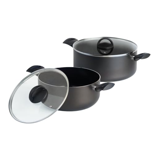 QDESIGN BLACK+ - Juego de 2 cacerolas de aluminio ultra antiadherentes, sin PFOA + 2 tapas de cristal, para todo tipo de fuego, incluida inducción, compatible con horno, lavavajillas y nevera, color