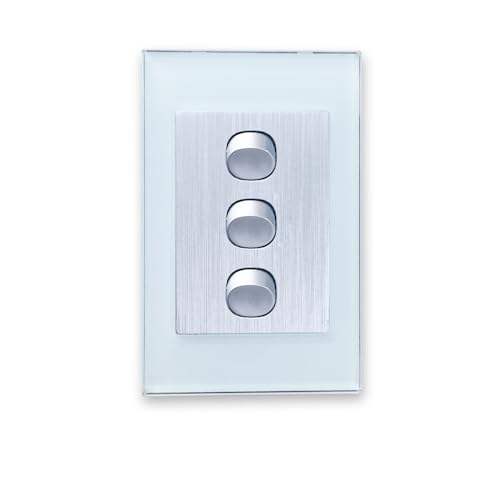 Contech CLSOL 3 Gang Wall Light Switch, 2 Way, Ocean Blue Glass Panel, Silver Textured, Push Button, Horizontal & Vertical 10A 250V, SAA