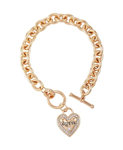 GUESS Goldtone Dangle Logo Heart Charm Chain Toggle Bracelet, One Size, Metal, no gemstone