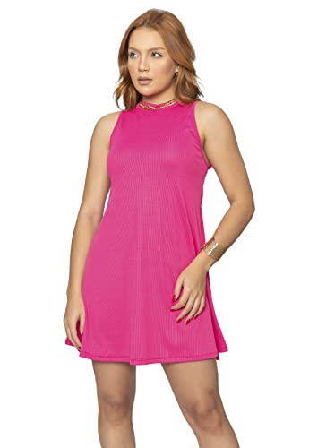 Vestido Canelado Soltinho Evasê (G, Pink)