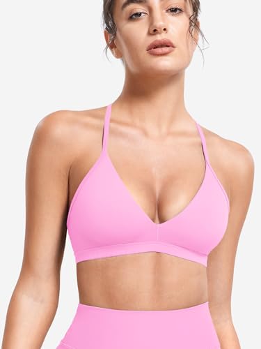 Image of YEOREO CoreFlex Sports Bras for Women Strappy Padded Halter Open Back Light Impact Deep V Neck Yoga Workout Gym Tops