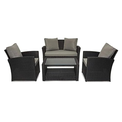 EVRE Black 4 Seater Rattan Garden Conservatory Patio Furniture Sofa Armchair Roma Set with Glass Top Coffee Table Wicker Weave Sofa and Cushions with Premium Cover
