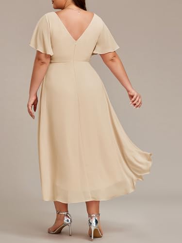 Image of Ever-Pretty Plus Summer Short Sleeves V-Neck Formal Wedding Guest Dresses for Curvy Women Chiffon Midi Cocktail Party Dress