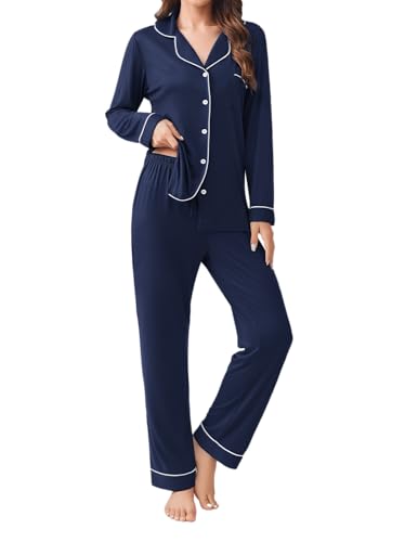 Image of Ekouaer Womens Pajamas Set 2 Piece Button Down Pjs Soft Long Sleeve Top and Pants Sleepwear Set Lounge Sets