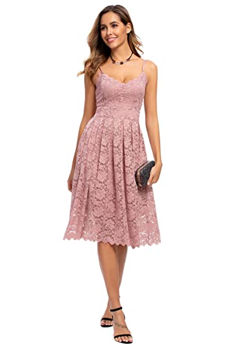 Atnlewhi Womens Spaghetti Strap V Neck Sleeveless A Line Lace Dresses For Evening Cocktail Formal Wedding Guest Nude Pink #TOP1
