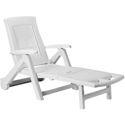 Casaria® Sonnenliege Wetterfest Gartenliege Klappbar mit Rollen 5-Fach Verstellbar Kunststoff 195x72cm 120kg Belastbar Garten Liegestuhl Strand Weiß