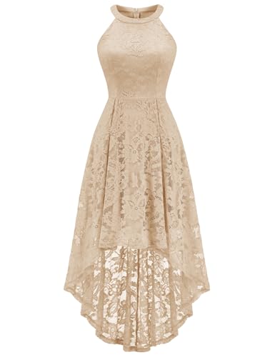 Dressystar Women Halter Lace Wedding Guest Dress Hi-Lo Cocktail Party Bridesmaid Formal Dresses Champagne XS