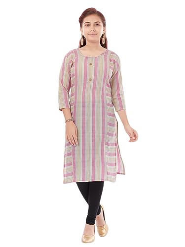 Image of Aarika Girls Pink Colour Cotton Striped Kurti