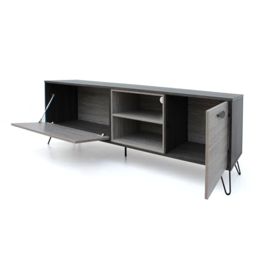 Image of Flux Engineered Wood TV Cabinet & Entertainment Unit | Modern TV Stand with 2 Storage Cabinets & Open Media Shelves | Media Console for Living Room | Hairpin Legs | Grey & Charcoal Finish