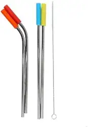 Kit Canudos de Inox Reutilizáveis, 23cm, Reto e Curvado com 2 Escovas de Limpeza