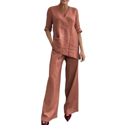Vêtement d'été femme en lin : ensemble pantalon large et chemisier fluide col V