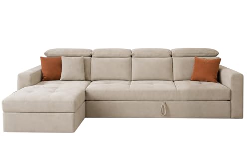 Image of Casaliving Gagnon LHS 6 Seater L Shape Corner Sofa Cum Bed for Living Room (Cream Fabric) Premium Fabric Sofa