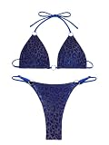 Conjunto de bikini de dos piezas para mujer, traje de baño sexy con tanga, triángulo halter, parte superior de bikini atrevido, Azul Leopard, M