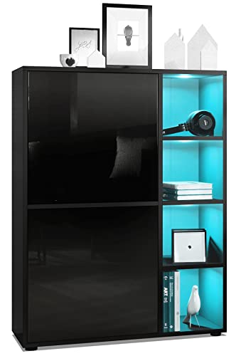 Vladon Highboard Schrank Anrichte Cuba mit 8 Fächern, Made in Germany, Korpus in Schwarz matt/Fronten in Schwarz Hochglanz, mit RGB LED Beleuchtung