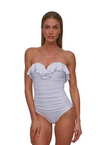 DKNY Women's Pin-up Ruffle Bandeau One Piece Swimsuit with Tummy Control, Soft White, Small - image 1