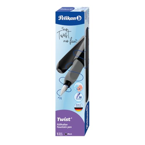 Pelikan, Pluma Estilográfica Twist, Diseño Ergonómico, Plumilla de Acero Inoxidable, Incluye Cartuchos de Tinta Azul Borrable, Color Negro