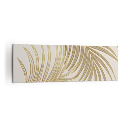 Tableau deco salon panoramique 160x50cm avec feuilles de palmiers or pour habiller un mur de chambre