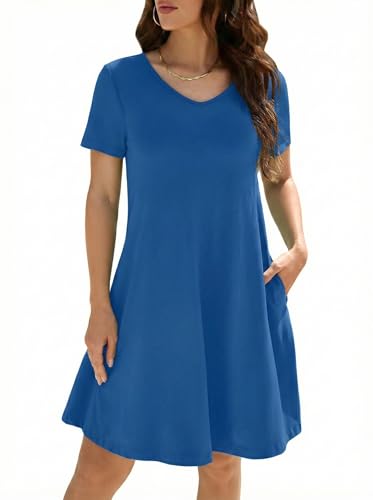 Image of KORSIS Dresses for Women Casual T-Shirt Summer Short Sleeve Loose Comfy Dress Swing Flowy Beach Vacation Sundress with Pocket