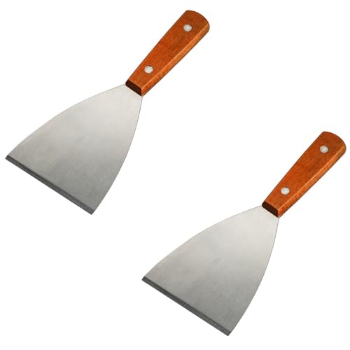 Stainless Steel Grill Scraper 2PCS, with Wooden Handle, Slant Edge, Versatile Grill Scraper Tool for Grill Dough Pancake Pizza
