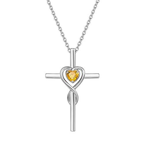 FANCIME Cross Necklace for Women Sterling Silver Birthstone Natural Citrine Infinity Heart Cross Crucifix Pendant November Birthstone Jewelry Valentines Day Gifts Birthday Gifts for Women