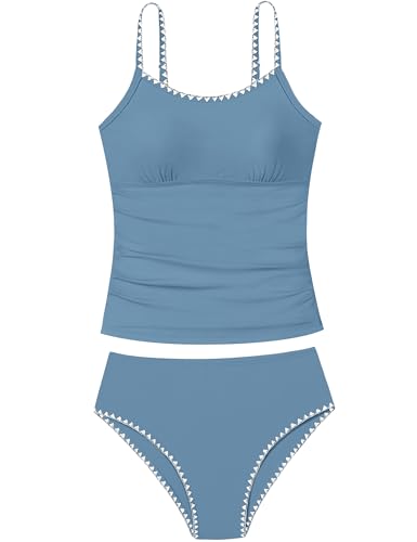 Image of Girls Swimsuit Solid Color Tankini Contrast Trim Swimwear 2 Piece Bathing Suit Padded Swimsuits for Teens 9-16Y