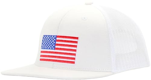 Image of Men Flat Bill USA Flag Mesh Hat Fits OSFM&XXL Head | Snapback Trucker Cap | 250th US Anniversary Veterans Memorial Day Gifts