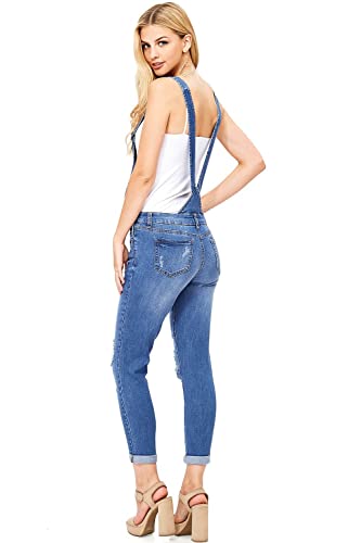 Wax Women's Juniors Ankle Length Skinny Leg Denim Overalls, Medium Denim, Medium #TOP2