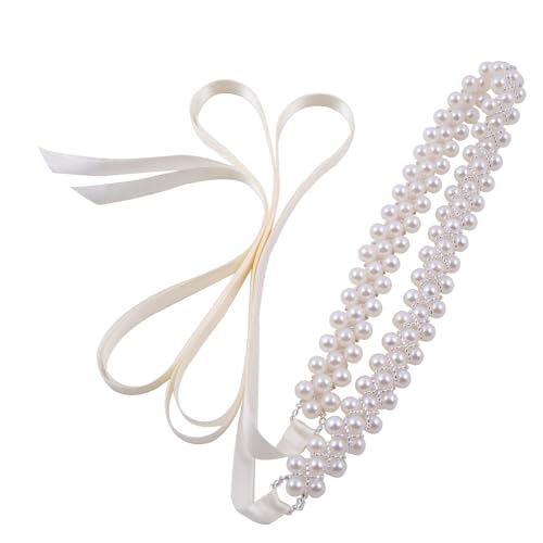 Fubney Pearl Bridal Belt Handmade Beaded Wedding Belt on Both Sides,Pearl Crystal Sash for Wedding Dress Bridesmaid Flower Gril