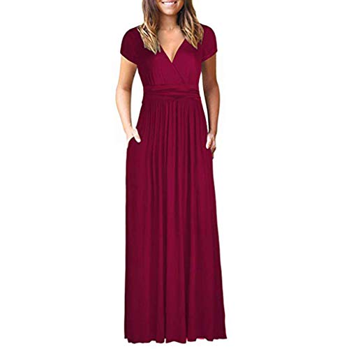 SCHOLIEBEN - Vestido de Verano para Mujer, Elegante, Tallas Grandes, Falda Larga de Ceremonia, Cuello Redondo, Maxi Casual Long Dresse con Bolsillo de poliéster Rojo S
