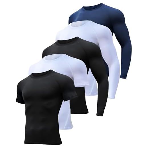 HOPLYNN 5 Pack Workout Compression Shirts Men Long/Short Sleeve Rash Guard Athletic Undershirt Gear T Shirt for Sports 2 Black 2 White 1 Blue L