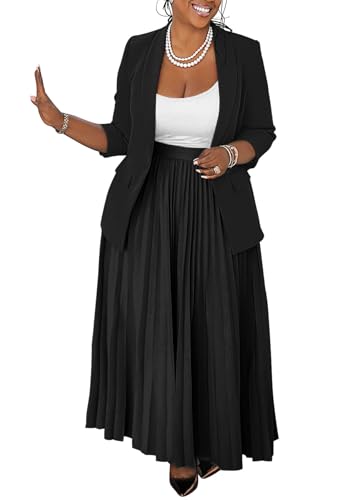 Women's Plus Size 2 Piece Outfits Casual Open Front Blazer and High Waist Pleated Maxi Skirt Sets Business Suits2