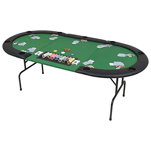 KASCBRTW 9-Player Folding Poker Table with Dealer Tray and Cup Holders, Oval Casino Game Table for Home Card Nights, Green Felt Surface