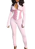 Nihsatin 3 Piece Outfits for Women Long Sleeve Corset Waist Stretch Jumpsuits with Tumb Hole Pink