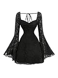 WDIRARA Women's Floral Jacquard Mesh Gothic Dress Bell Long Sleeve A Line Vintage Dresses Deep Black Medium