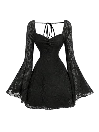 GORGLITTER Women's Lace Bell Long Sleeve Gothic Mini Dress Goth Festival Y2K Sweetheart Neck Sexy Fall Bodycon Dresses Black Medium