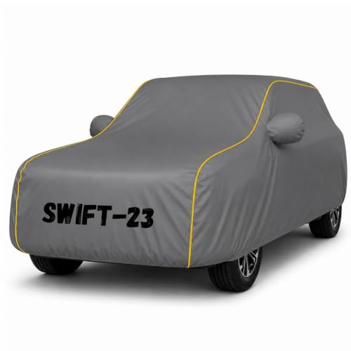 Image of Premium Waterproof Car Cover for Swift 2018-23 | Soft Cotton Lining Heavy Duty Triple Stitched Heat Resistant Outdoor Cover Comes with Mirror and Antenna Pocket Full Bottom Elastic (Zig Zag Grey)