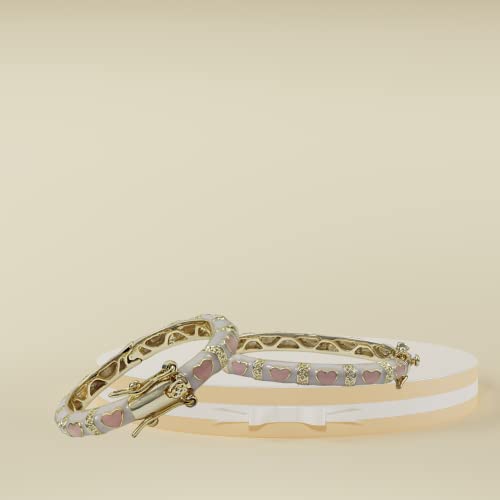 Gold Finish White Enamel Pink Hearts Girls Bangle Bracelet2