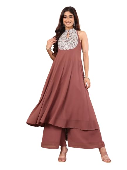 Image of Varanga Women Silk, Georgette Solid Nude Yoke Embroidered Sleeveless Flared Kurta With Trousers Co-Ord Set