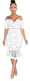 Womens Sexy Sleeveless Deep V Neck Lace Mesh Paneled Ruffles Bodycon Party Clubwear Dress, Off Shoulder White, Small