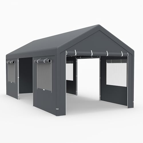 COSTWAY Zeltgarage Carport, 586 x 305 cm Garagenzelt Winterfest, Lagerzelt mit abnehmbaren Seitenwänden, Rolltüren & belüfteten Fenstern, Weidezelt...