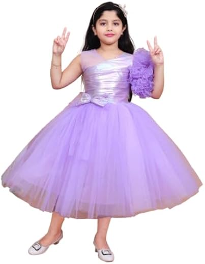 Jhilik Garments Girls Purple Tulle Ball Gown Dress with Shimmer Bodice and Floral Applique, Fancy Ruffle Net Maxi and Belo...
