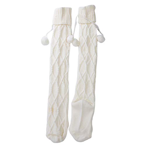 MoO1deer Womens Thigh High Socks, Over The Knee Socks, Leg Warmers, Women Winter Drawstring Pompom Knit Over Knee Socks Leg Warmer Long Stockings for Women White One Size