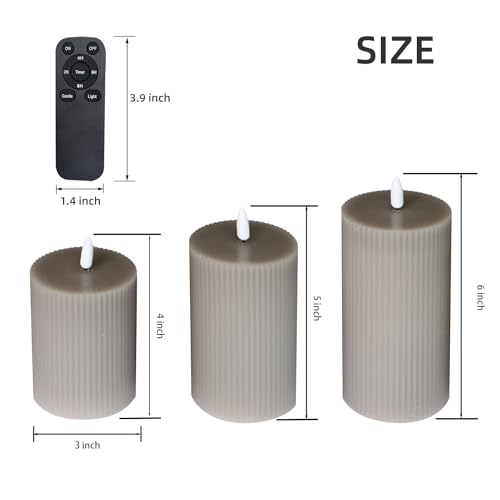 Image of 3 Pack Wax LED Flameless Candles with Remote Real Wax Battery Operated Electric Pillar Candle Set with Vertical Stripes 3D Black Wick for Home Party Wedding Decorations, Grey, D 3 x H 4 /5 /6 inch