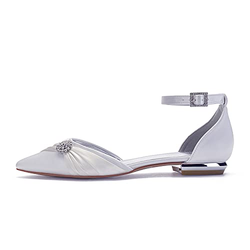 COMFASH Women Ballet Flats Pointed Toe Satin Ankle Strap Rhinestone Bridal Wedding Shoes3