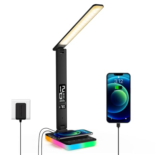 oviouit LED Desk Lamp for Home Office, USB Charging Port, Reading Lamp Desk Light with 5 Brightness, 3 Colors, Table Lamp with Clock, Alarm, Date, Temperature, Desk Lamp for College Dorm Room (Black)